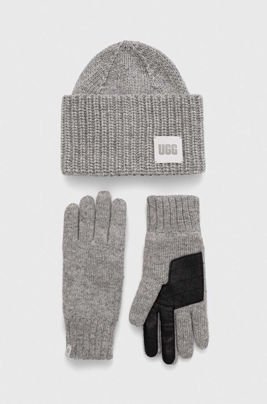 Čepice a rukavice z vlněné směsi UGG šedá barva - šedá - Hlavní materiál: 35 % Akryl