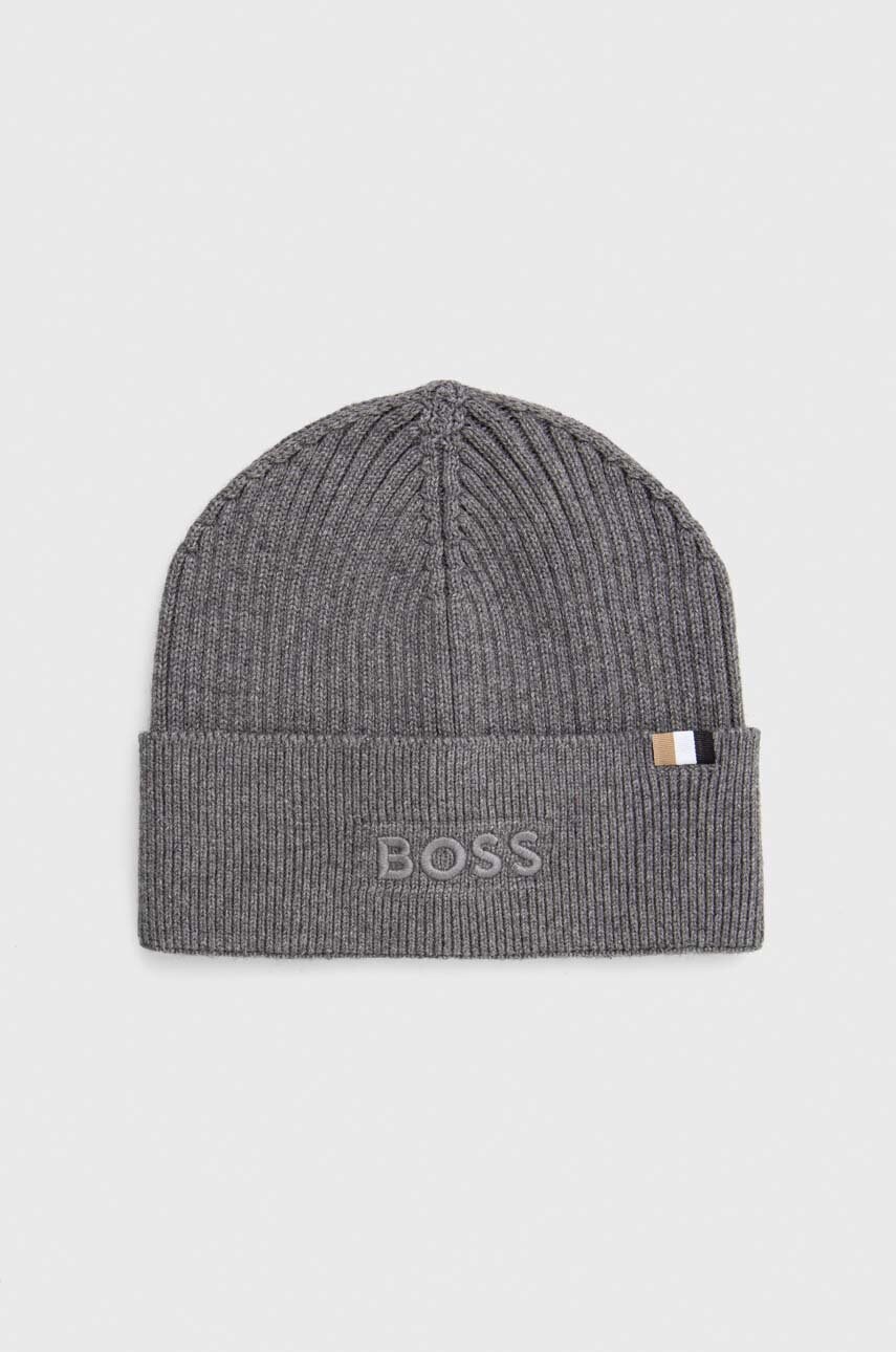 

Шапка с вълна BOSS в сиво с фина плетка, Сив