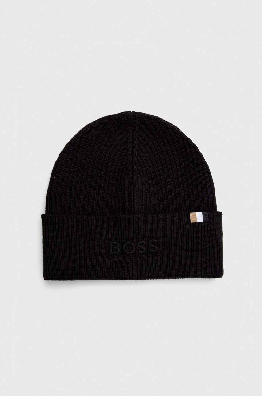 

Шапка с вълна BOSS в черно с фина плетка, Черен