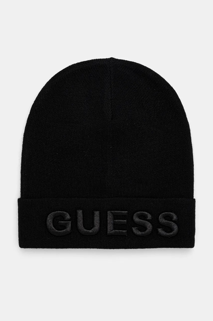 

Шапка с вълна Guess в черно с фина плетка, Черен