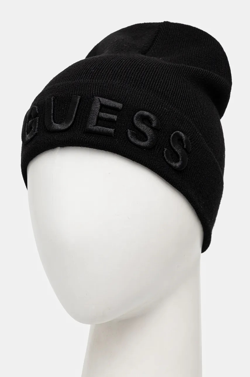 Шапка с примесью шерсти Guess цвет чёрный из тонкого трикотажа Шапка с примесью шерсти Guess цвет чёрный из тонкого трикотажа