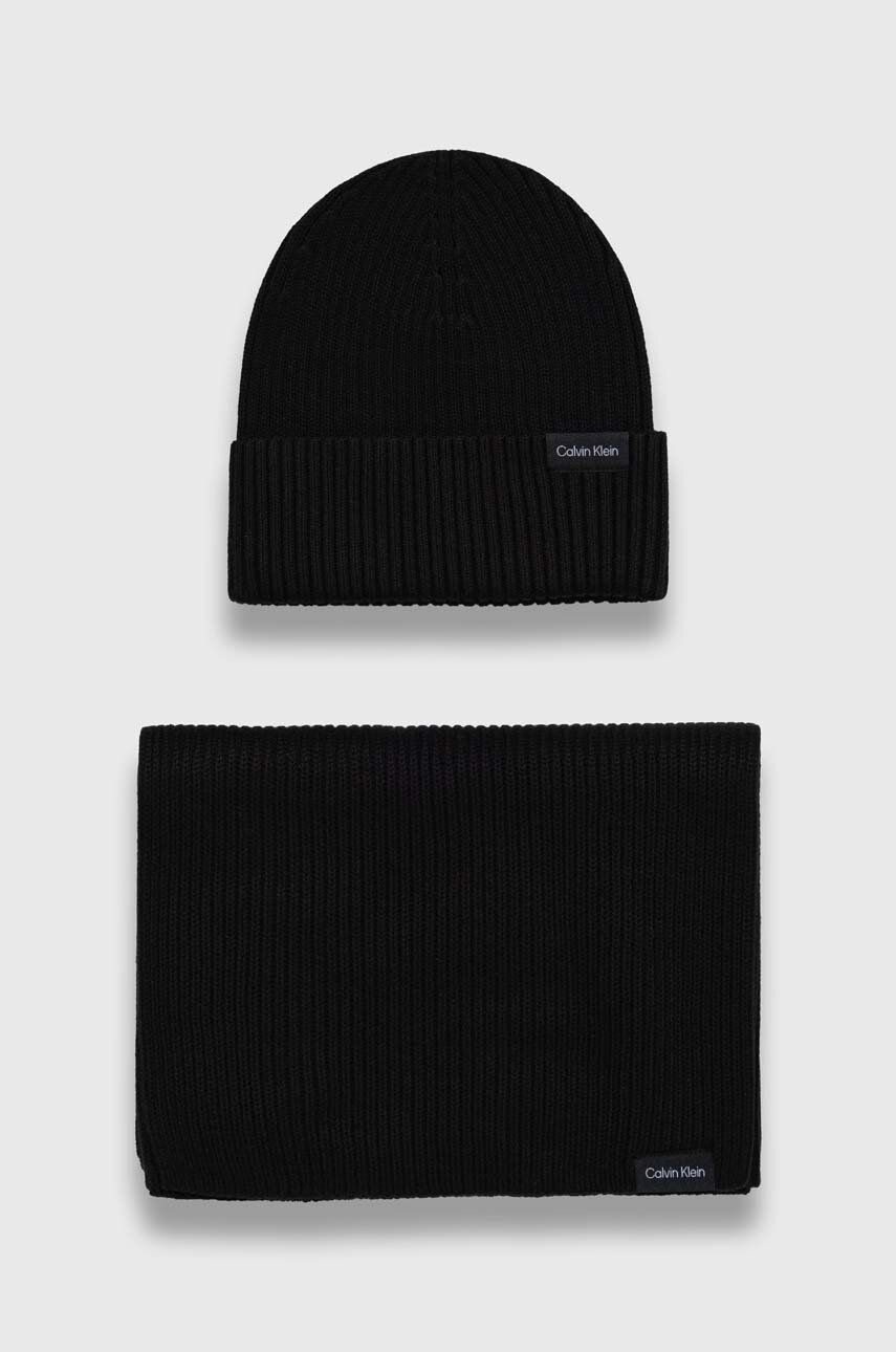 Kašmírová čepice a šála Calvin Klein černá barva - černá - 95 % Bavlna