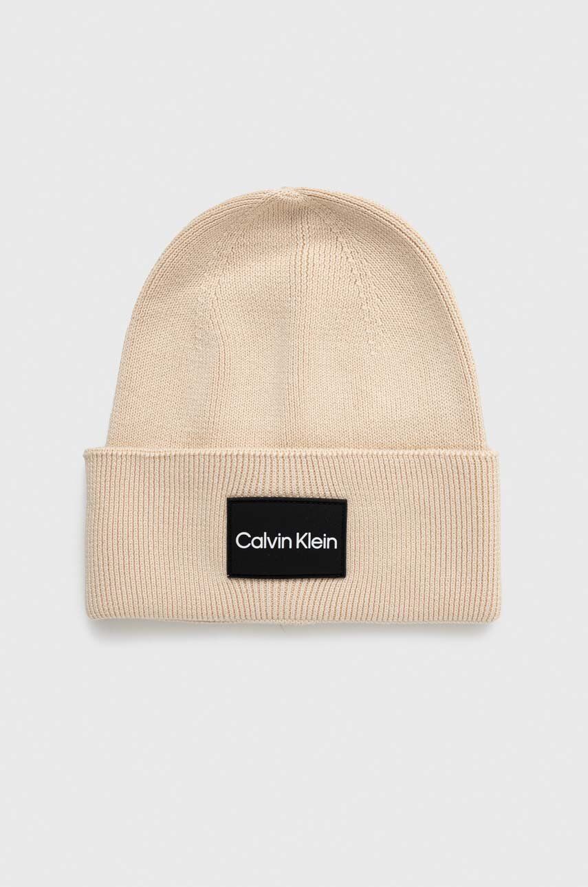 Levně Bavlněná čepice Calvin Klein béžová barva, z tenké pleteniny