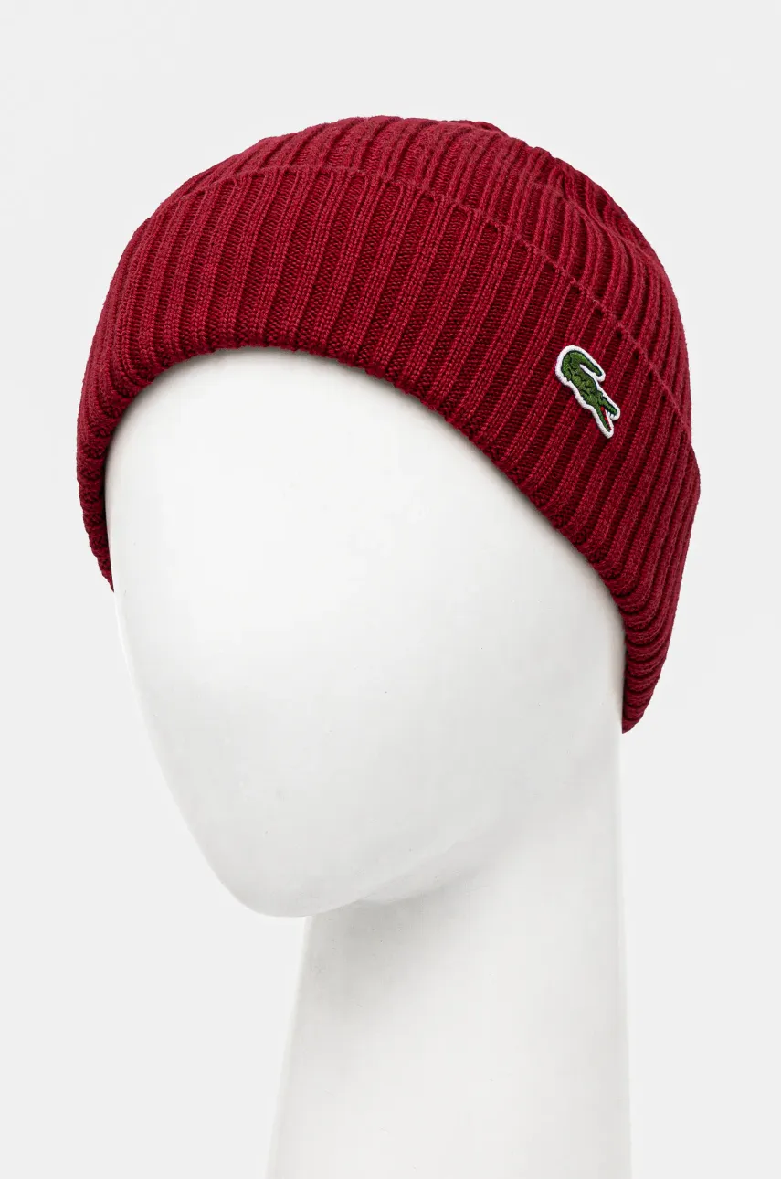 Шерстяная шапка Lacoste цвет бордовый из тонкого трикотажа шерсть RB0001 Шерстяная шапка Lacoste цвет бордовый из тонкого трикотажа шерсть RB0001