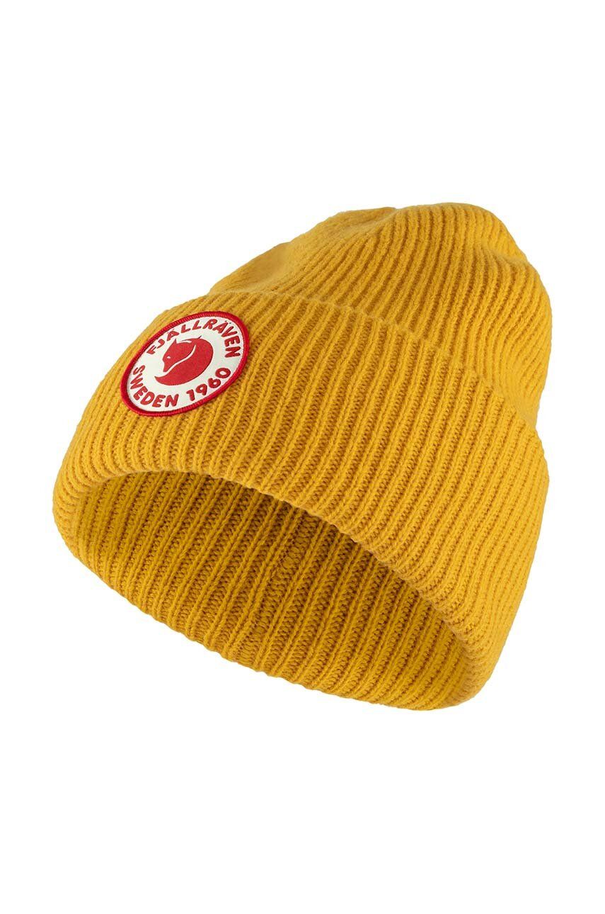 Fjallraven caciula de lana 1962 Logo culoarea galben, de lana, din tricot gros