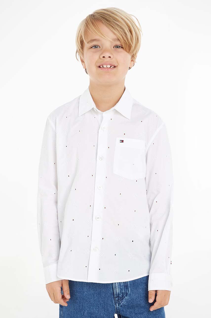 Levně Dětská bavlněná košile Tommy Hilfiger bílá barva