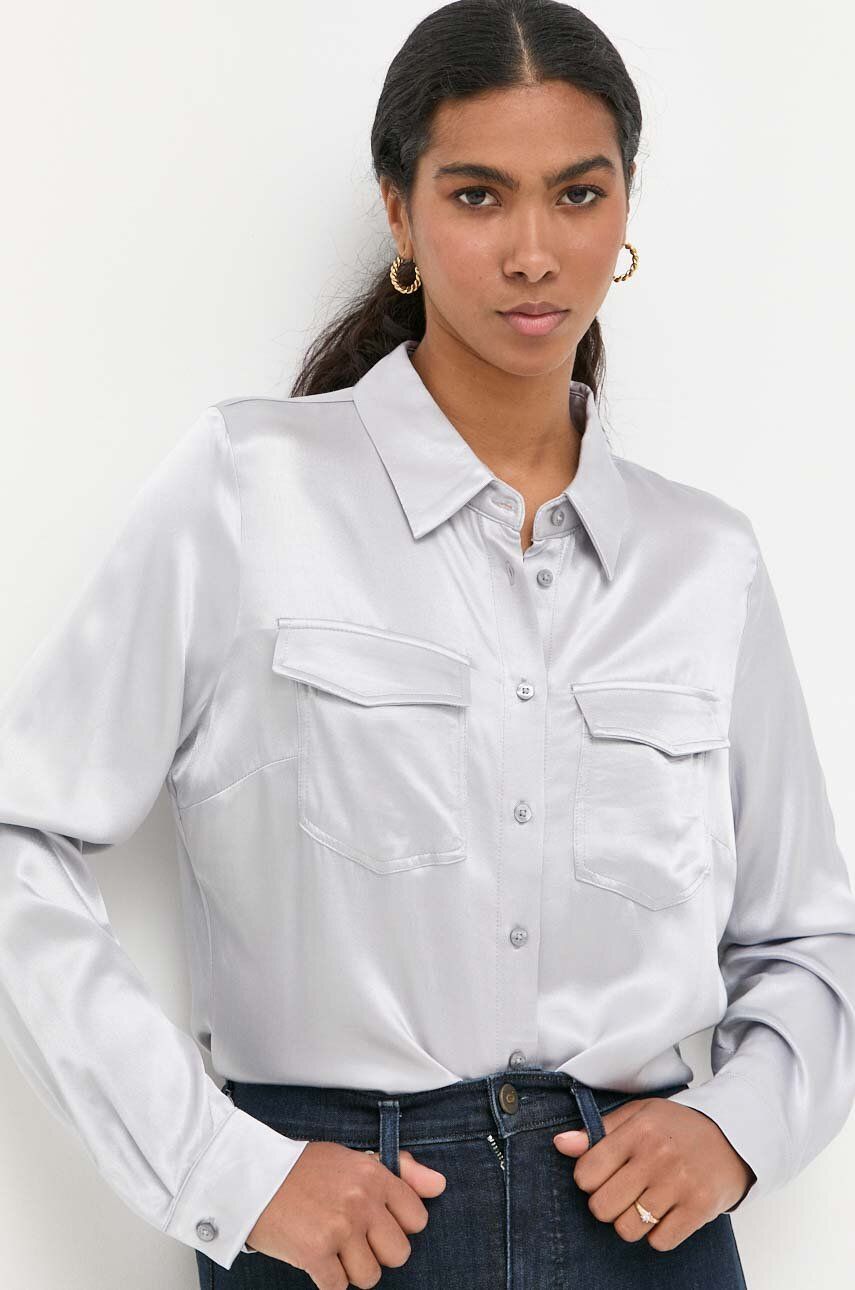 Košile Guess dámská, šedá barva, regular, s klasickým límcem - šedá -  100 % Viskóza