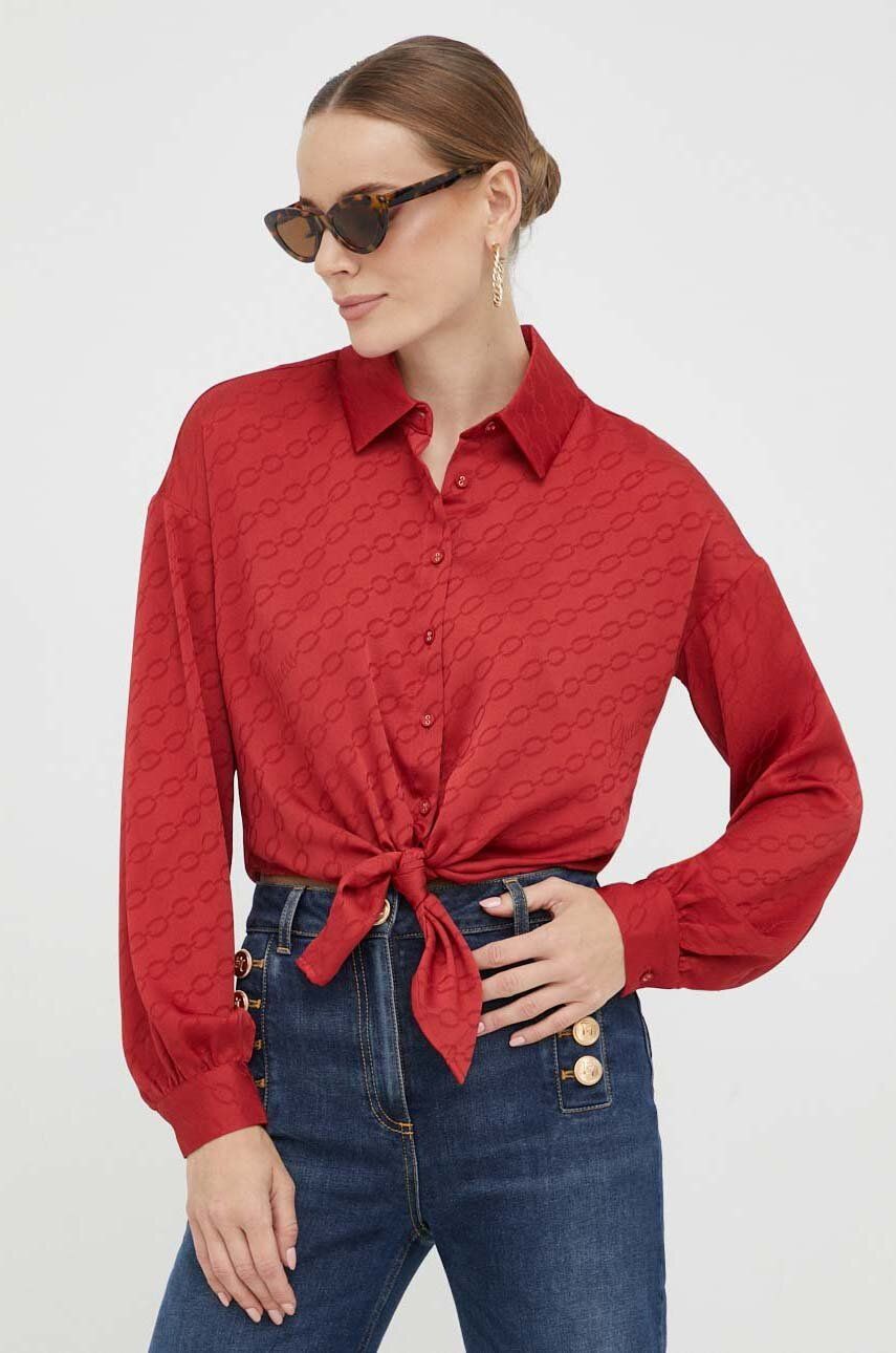 Levně Košile Guess dámská, červená barva, relaxed, s klasickým límcem