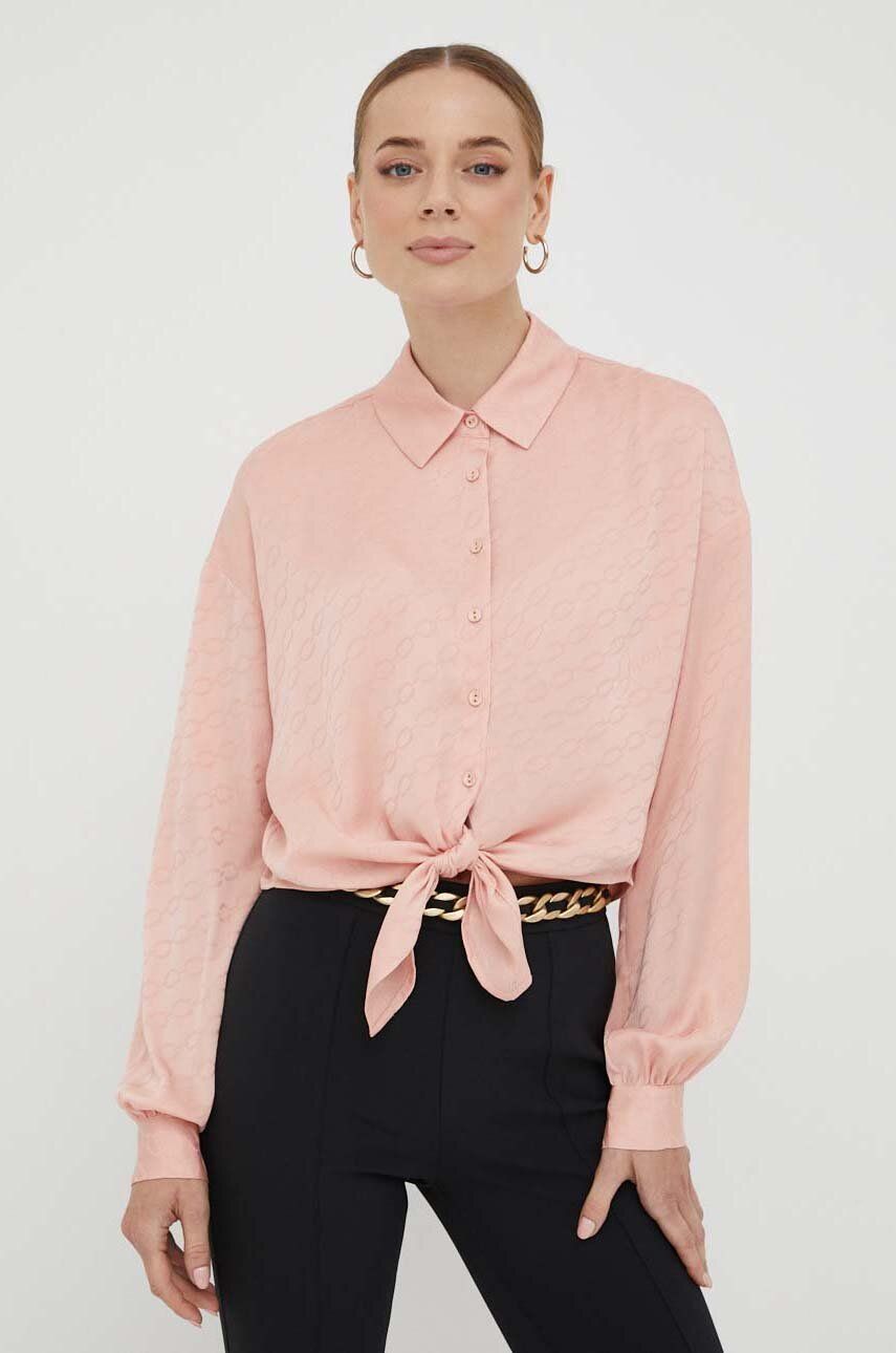 Levně Košile Guess dámská, růžová barva, relaxed, s klasickým límcem