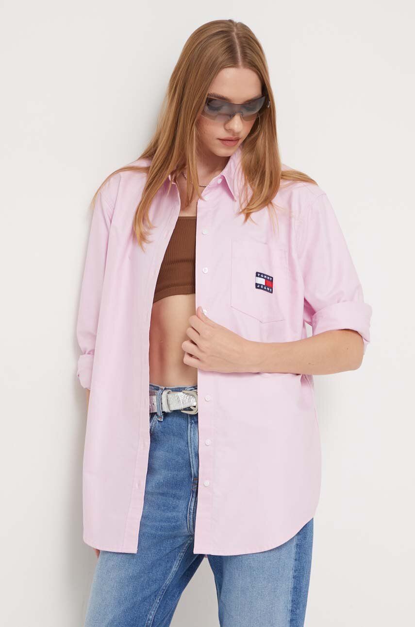 Tommy Jeans camasa din bumbac femei, culoarea roz, cu guler clasic, relaxed