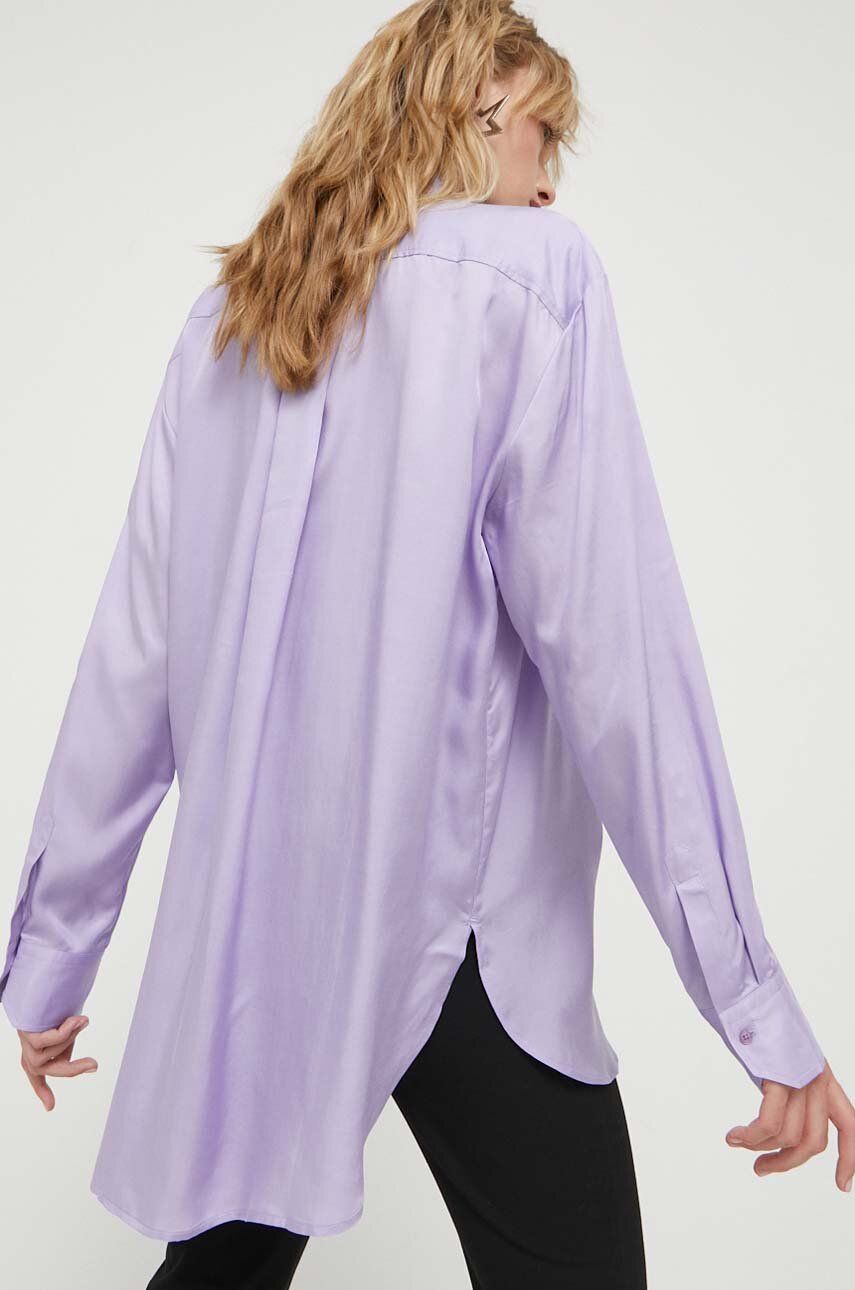HUGO camasa femei, culoarea violet, cu guler clasic, relaxed