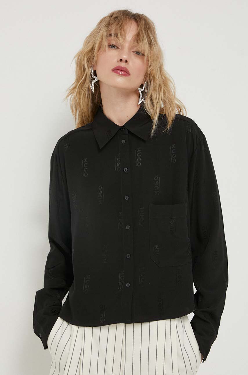 Košile HUGO dámská, černá barva, relaxed, s klasickým límcem - černá -  100 % Viskóza