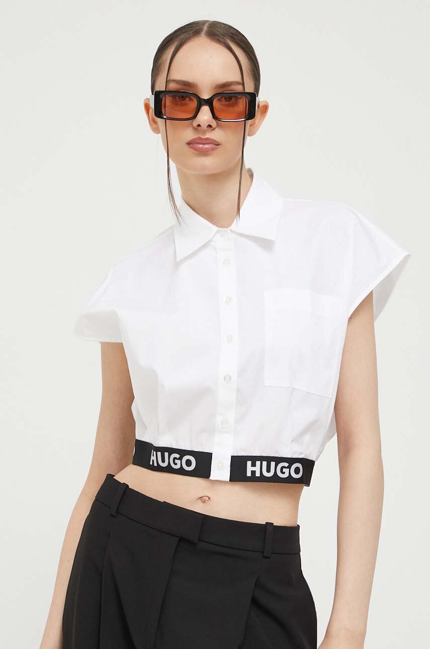 Košile HUGO bílá barva, relaxed, s klasickým límcem - bílá -  100 % Bavlna