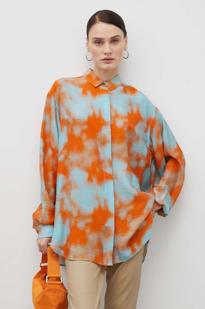 Levně Košile Samsoe Samsoe dámská, oranžová barva, volný střih, s klasickým límcem