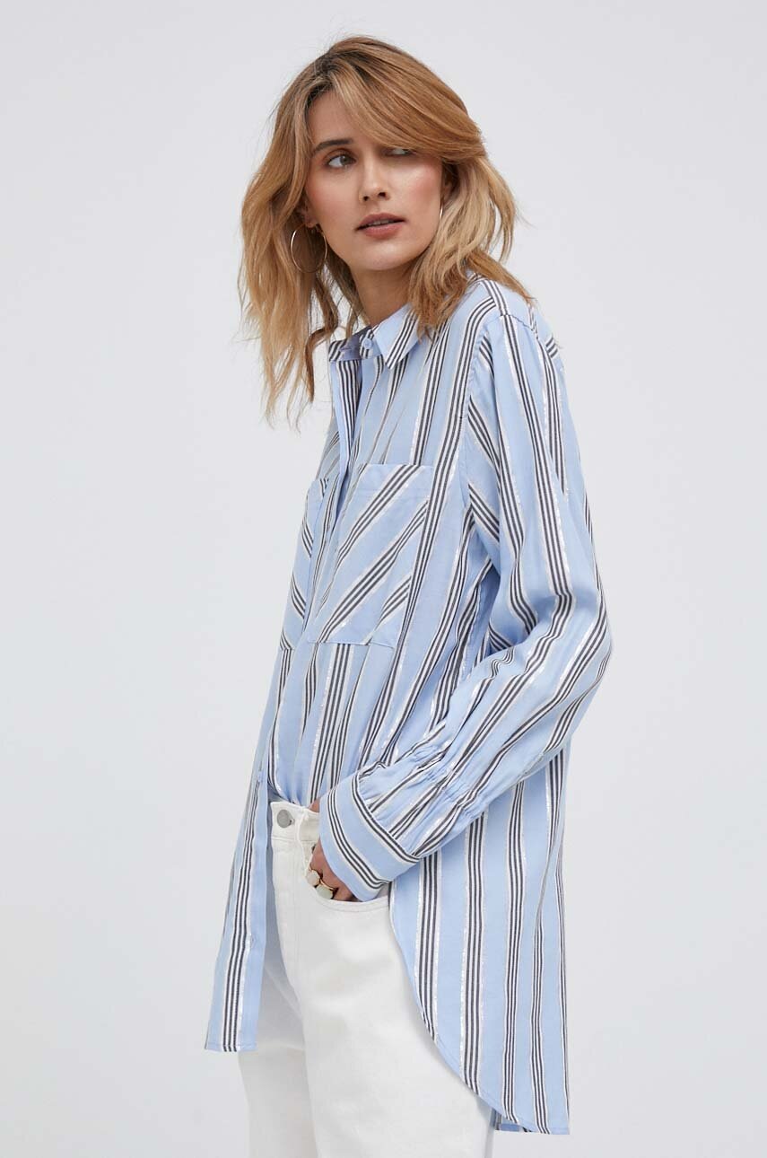 

Риза Dkny дамска в синьо със стандартна кройка с класическа яка, Син