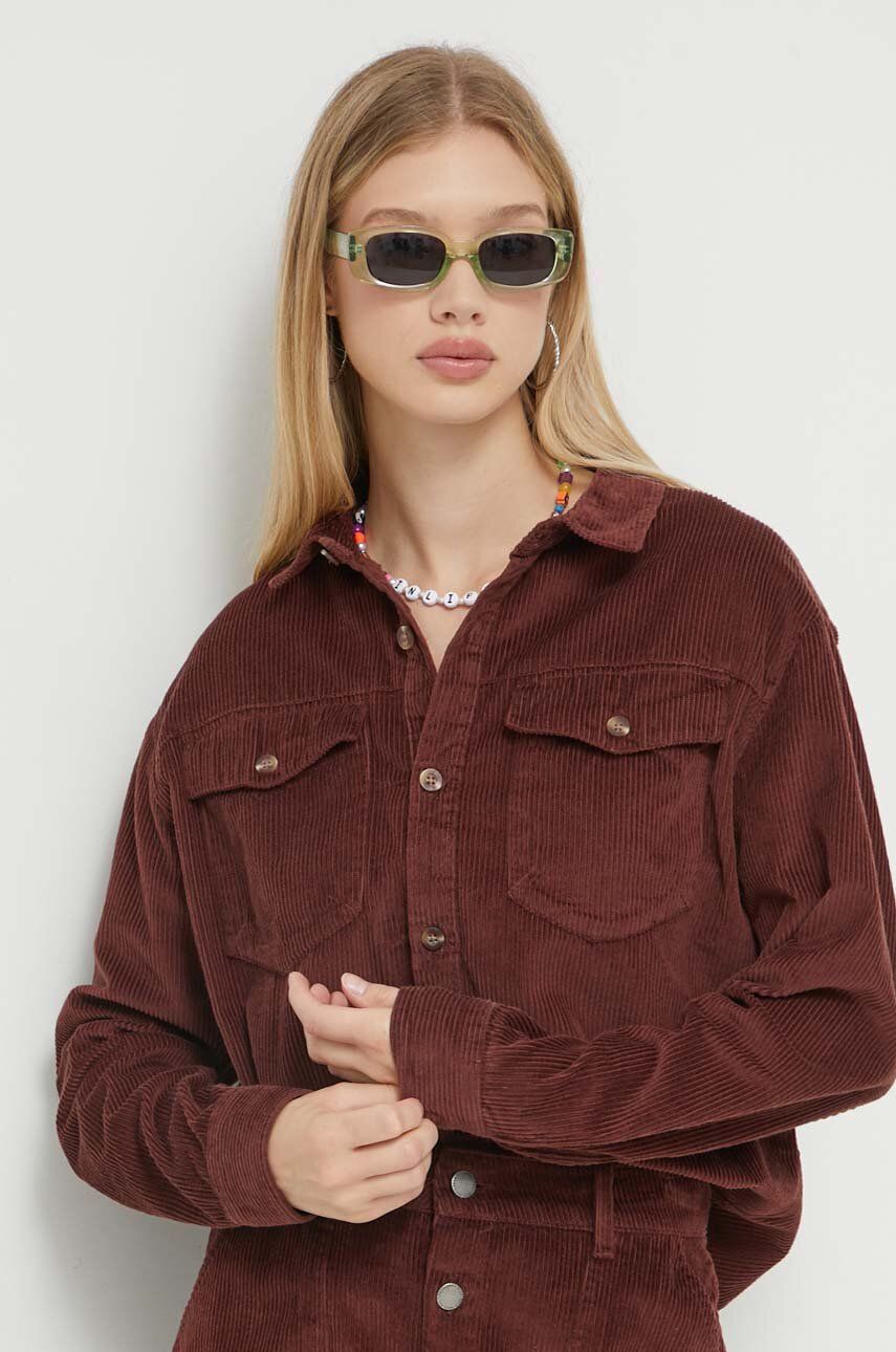 Levně Manšestrová košile Roxy hnědá barva, relaxed, s klasickým límcem
