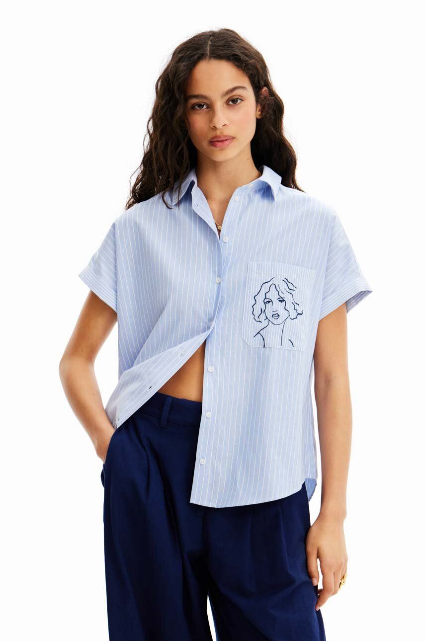 Košile Desigual dámská, relaxed, s klasickým límcem - modrá -  55 % Bavlna