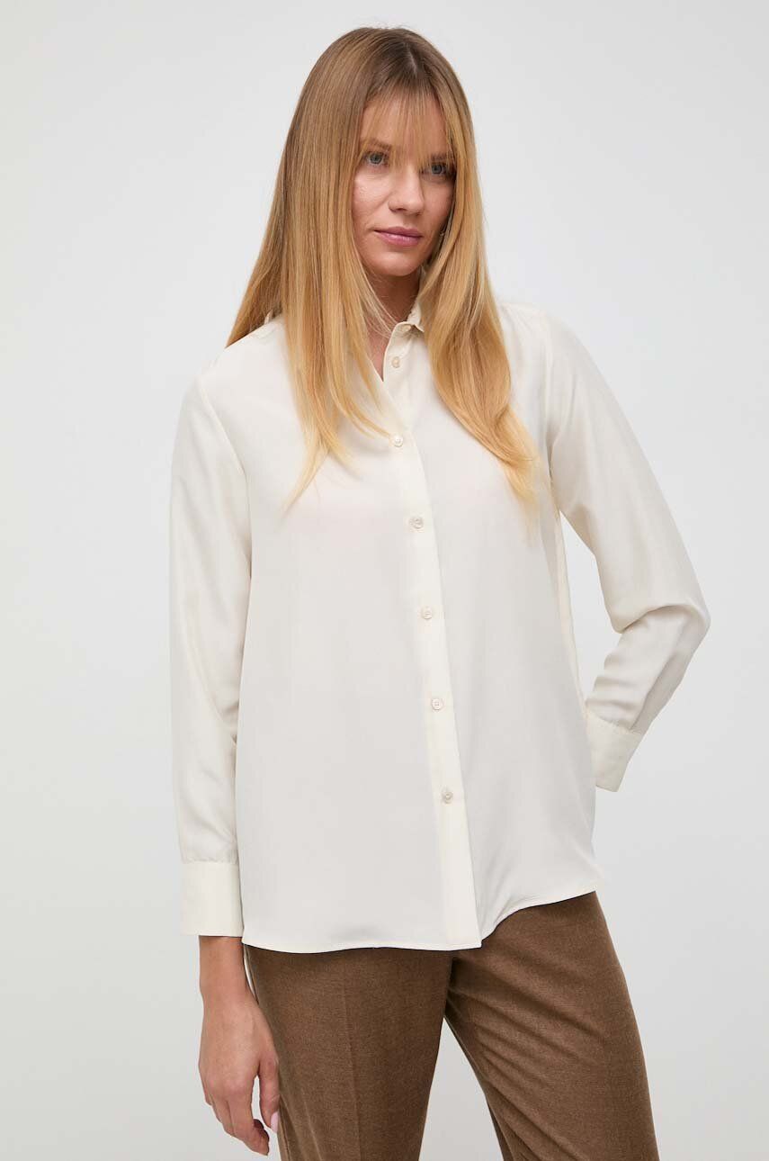 Hedvábné tričko Weekend Max Mara béžová barva, regular, s klasickým límcem - béžová - 100 % Hedvábí