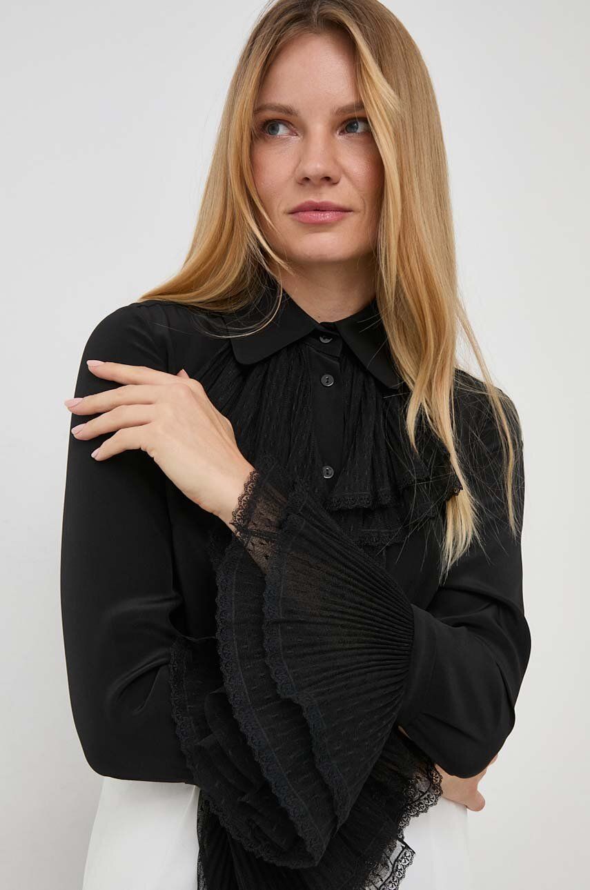 Luisa Spagnoli camasa de matase culoarea negru, cu guler clasic, regular