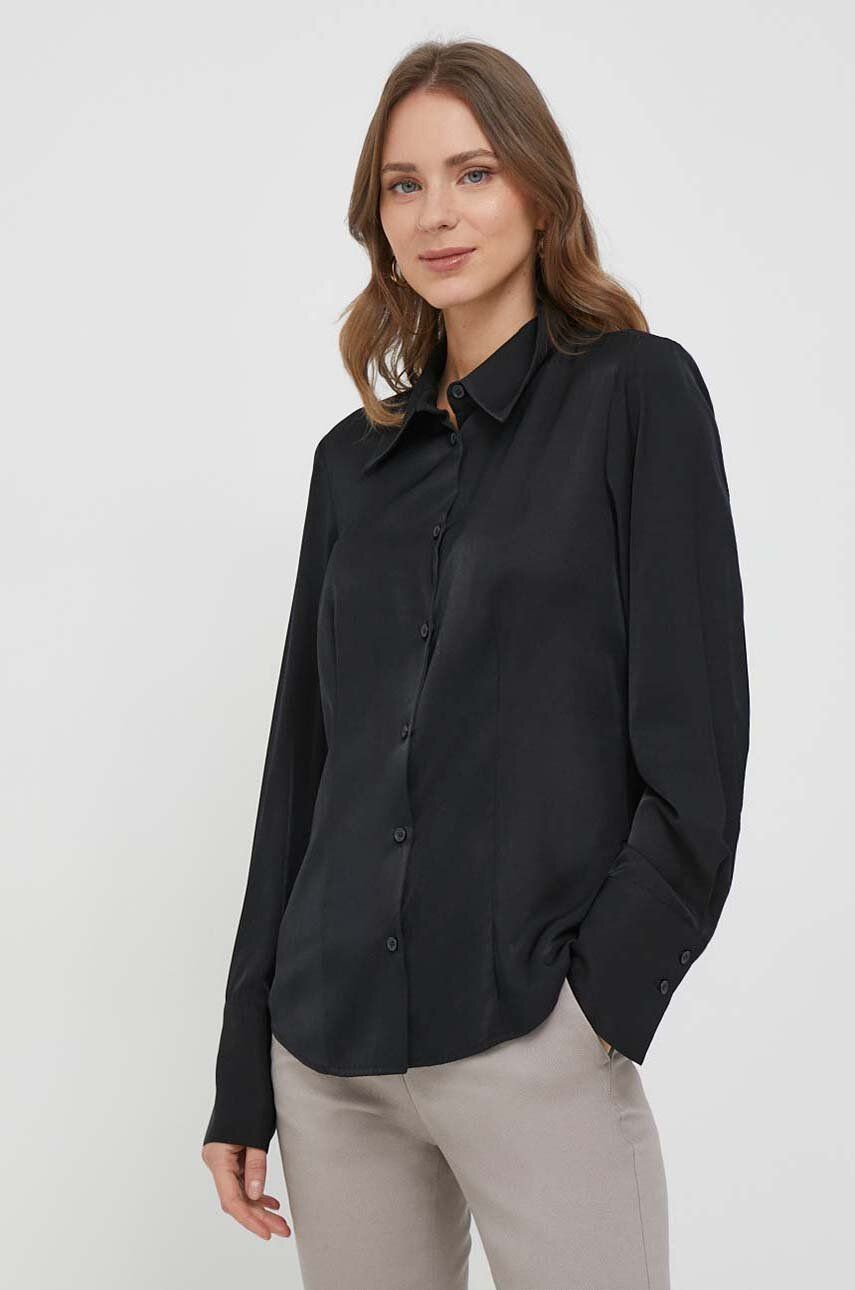 Sisley camasa femei, culoarea negru, cu guler clasic, slim