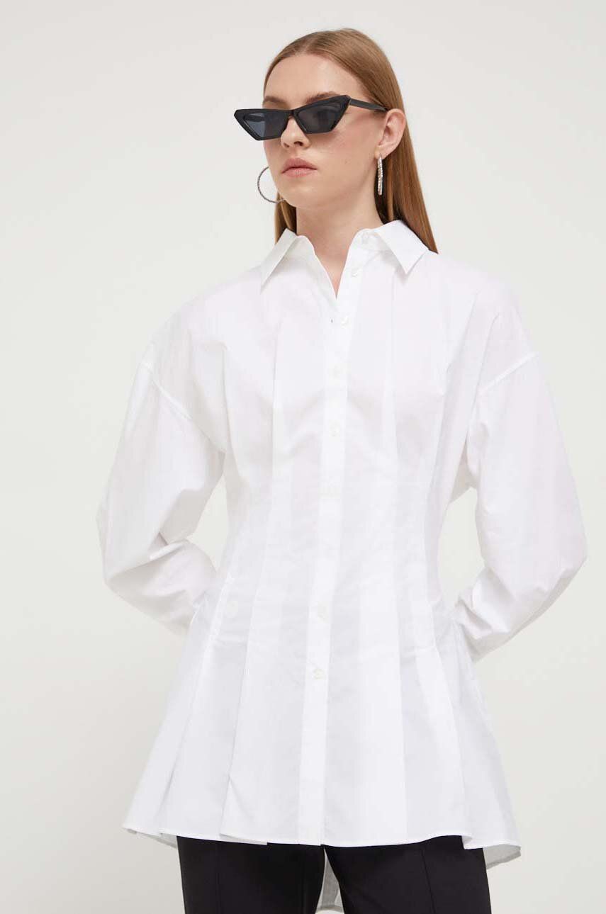 Bavlnená košeľa HUGO dámska, biela farba, slim, s klasickým golierom