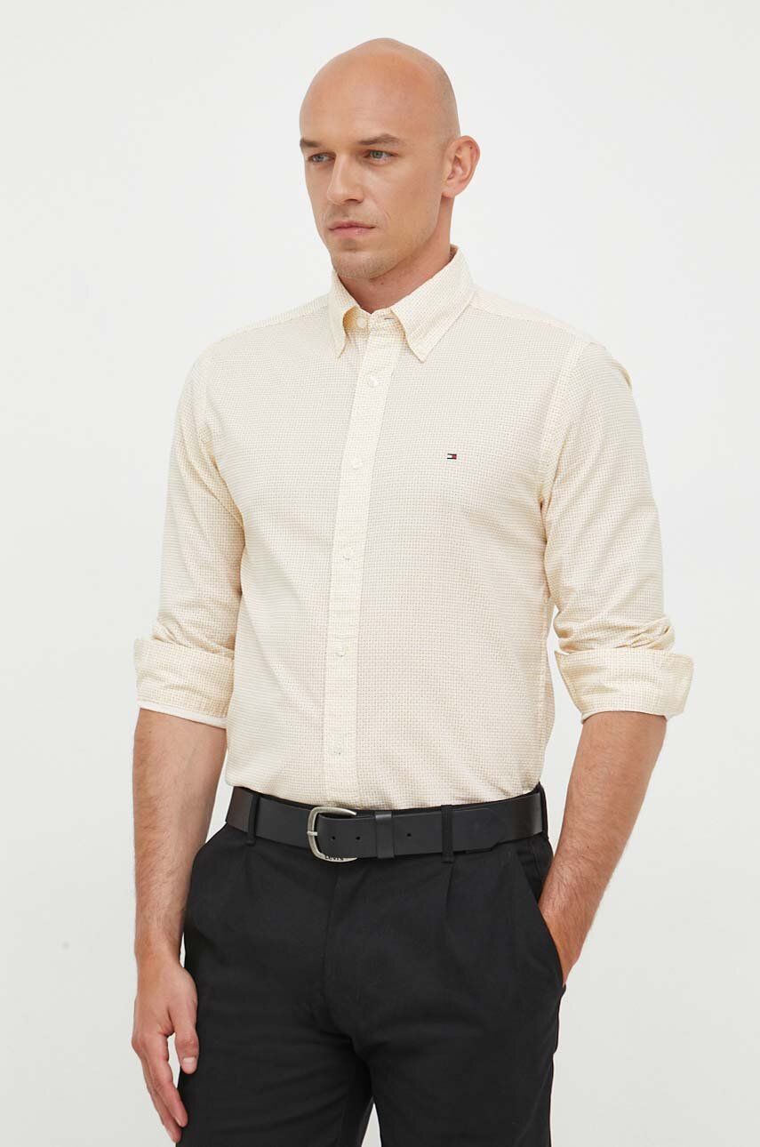 Košile Tommy Hilfiger béžová barva, regular, s límečkem button-down - žlutá -  100 % Bavlna