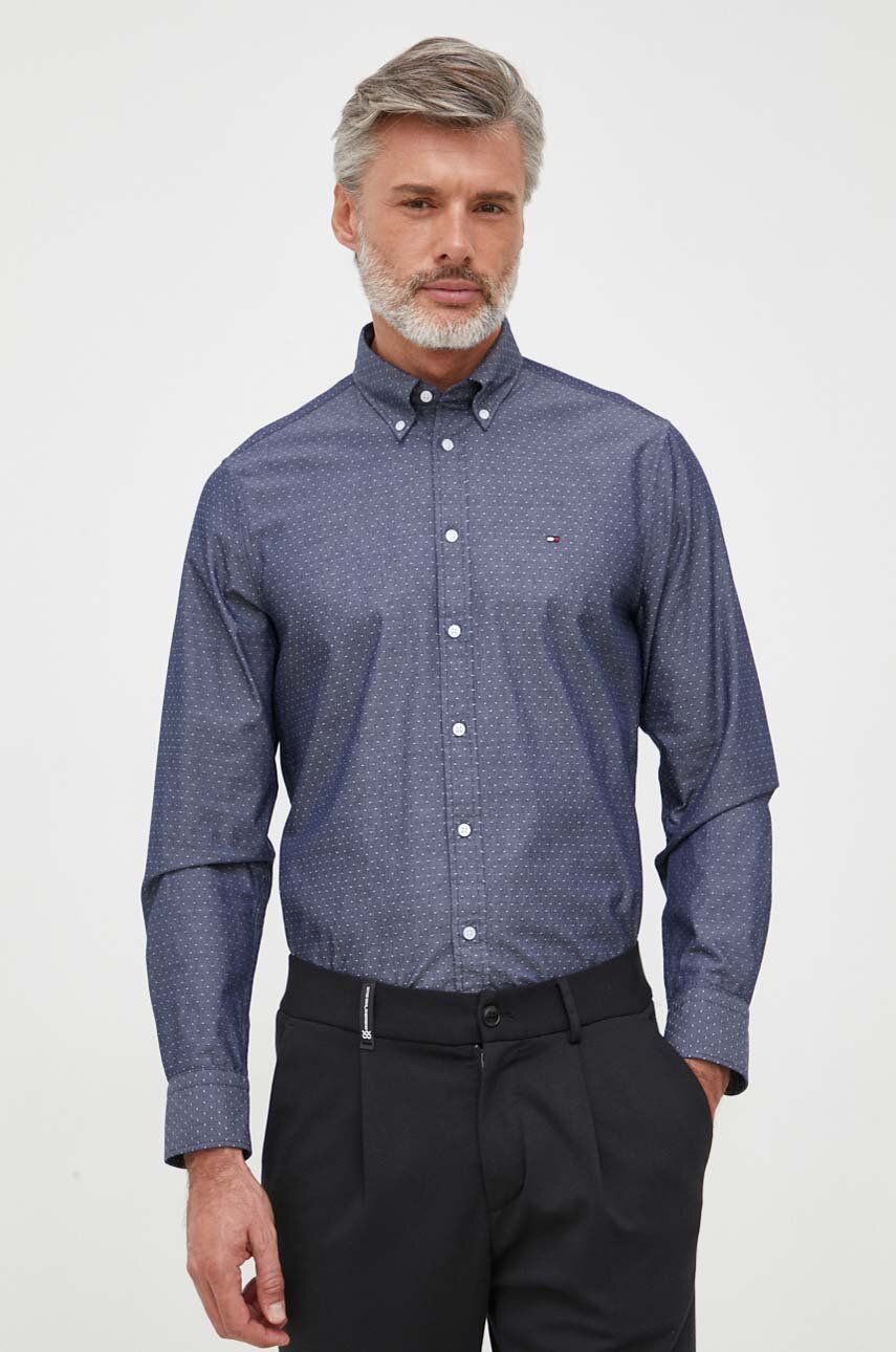 Košile Tommy Hilfiger tmavomodrá barva, slim, s límečkem button-down - námořnická modř -  100 %