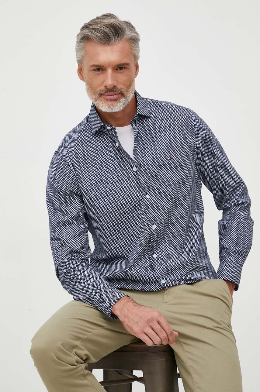 Košile Tommy Hilfiger tmavomodrá barva, slim, s klasickým límcem - námořnická modř -  100 % Bav
