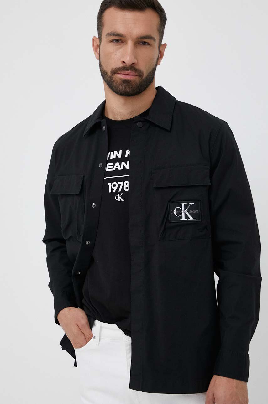 Košile Calvin Klein Jeans pánská, černá barva, relaxed, s klasickým límcem - černá -  60 % Bavl