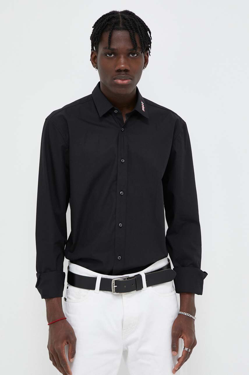Bavlněná košile HUGO černá barva, slim, s klasickým límcem - černá -  100 % Bavlna
