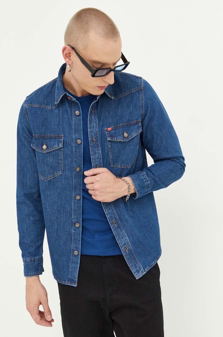 Džínová košile HUGO pánská, regular, s klasickým límcem - modrá -  73 % Bavlna