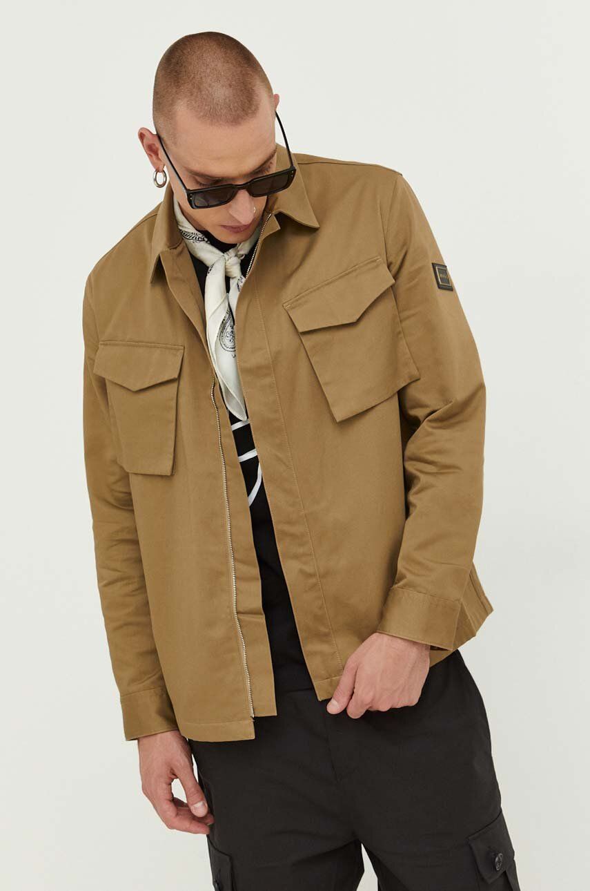 HUGO jacheta de bumbac culoarea maro, de tranzitie, oversize