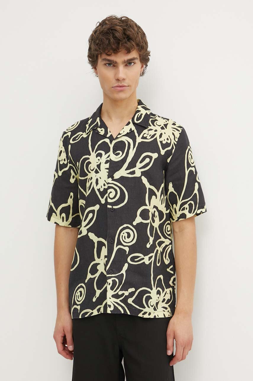 Πουκάμισο από λινό Samsoe Samsoe χρώμα: μαύρο φωτογραφία