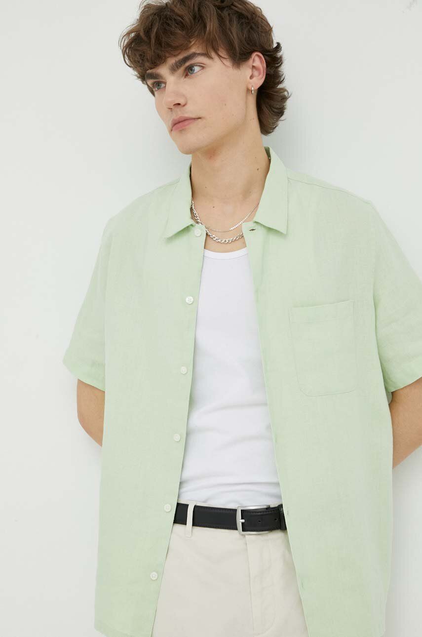 Plátěná košile Samsoe Samsoe Avan zelená barva, regular, s klasickým límcem