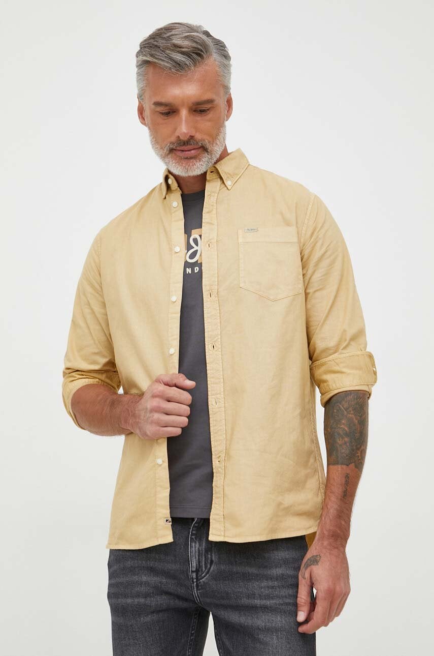 Pepe Jeans Camasa Din Bumbac Fabio Barbati, Culoarea Bej, Cu Guler Button-down, Regular