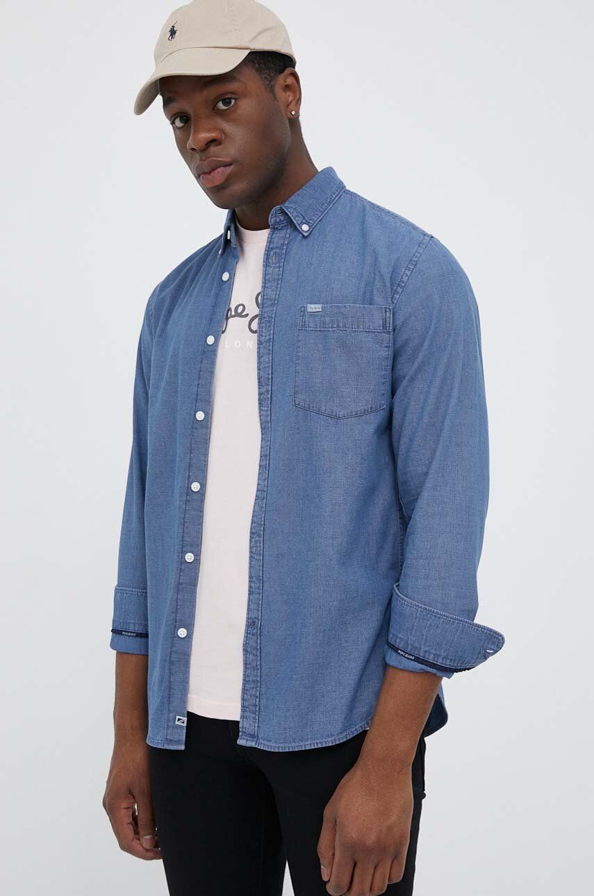 Džínová košile Pepe Jeans Cranmore pánská, regular, s límečkem button-down - modrá -  100 % Bav