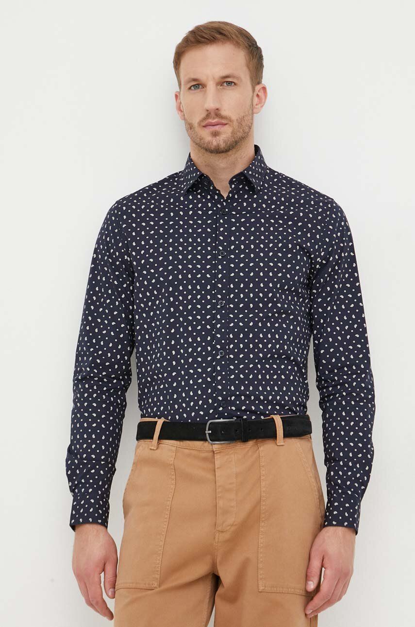Košile Guess pánská, tmavomodrá barva, slim, s klasickým límcem - námořnická modř - 97 % Bavlna