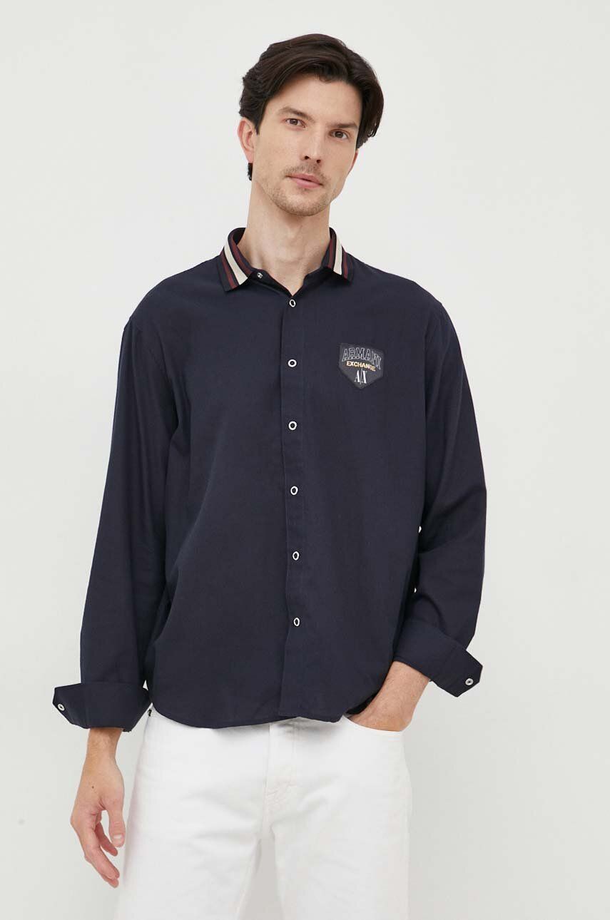 Košile Armani Exchange pánská, tmavomodrá barva, relaxed, s klasickým límcem - námořnická modř - 60 