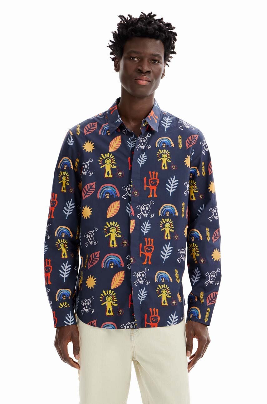 Памучна риза Desigual мъжка в тъмносиньо със стандартна кройка с класическа яка, Тъмносин
