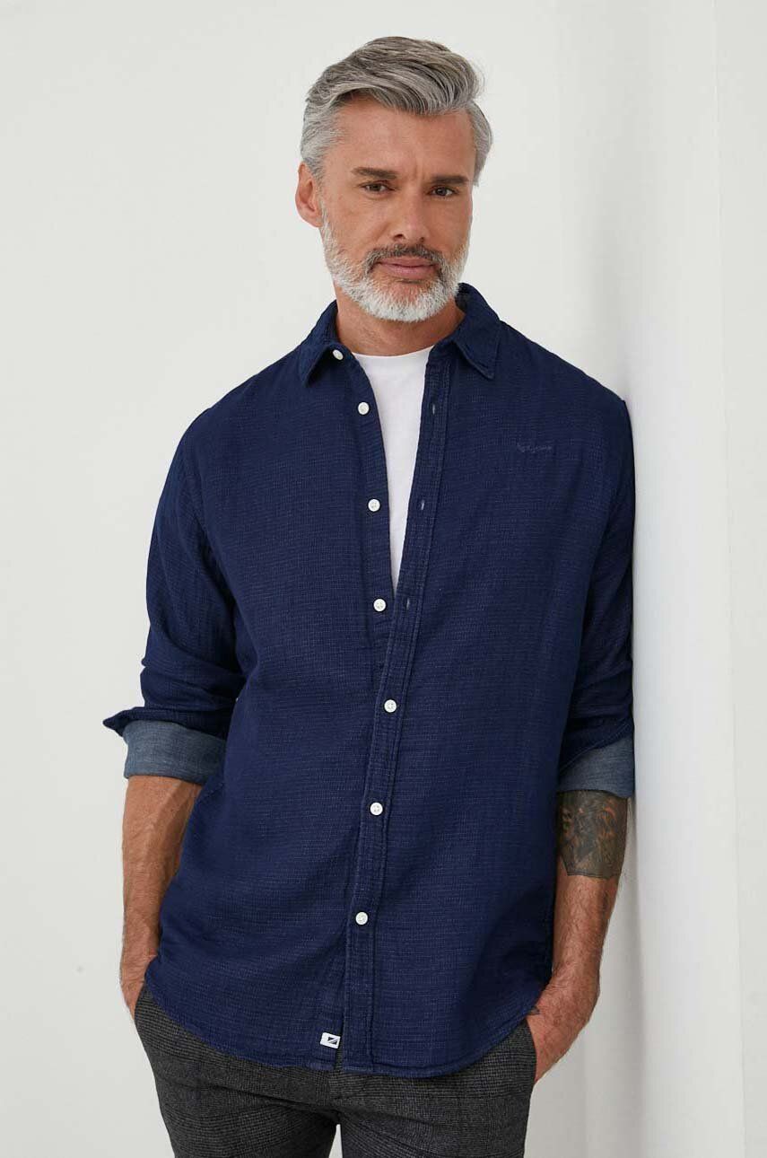 Pepe Jeans camasa din bumbac barbati, culoarea albastru marin, cu guler clasic, regular