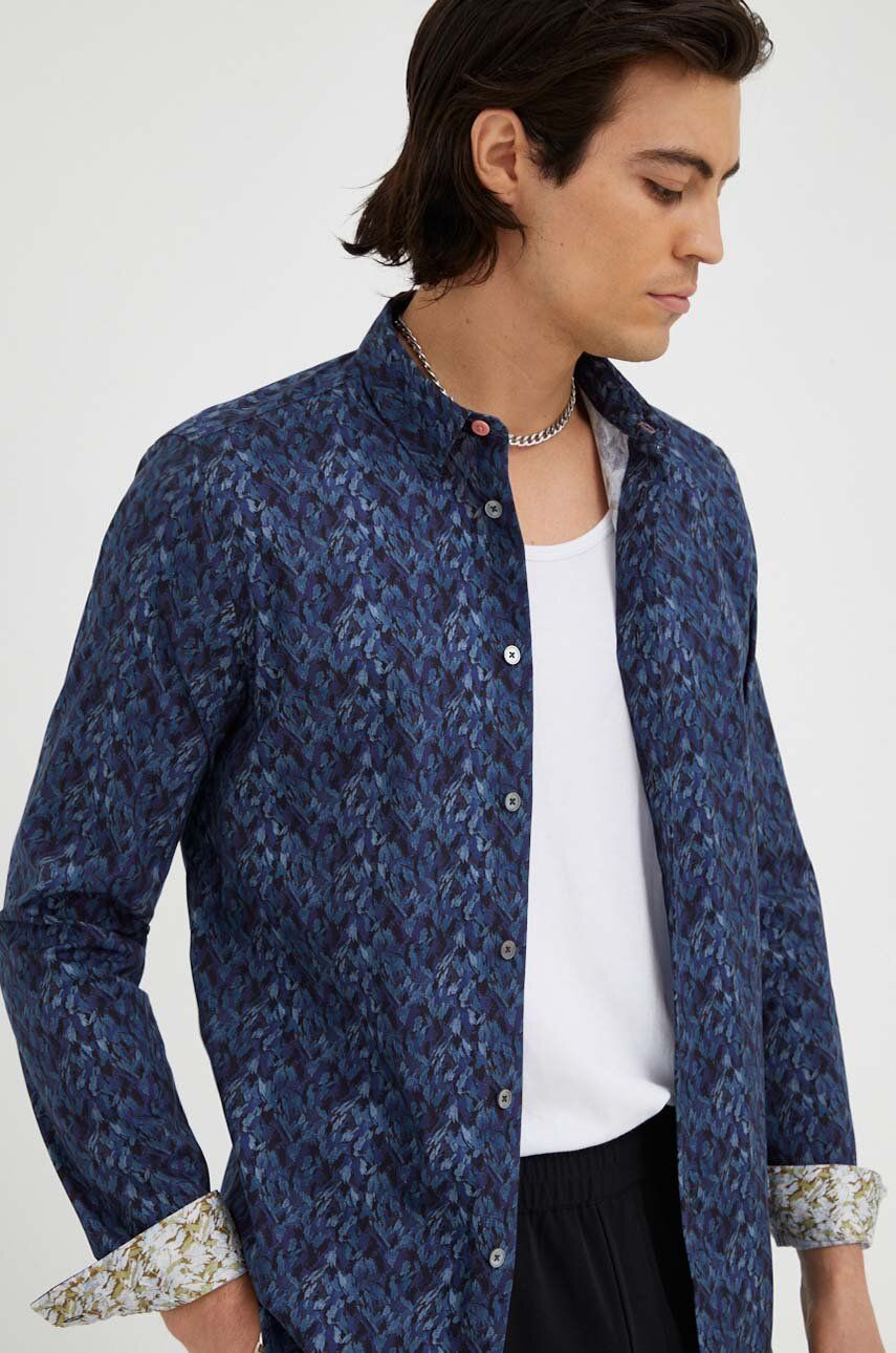Košile PS Paul Smith pánská, tmavomodrá barva, slim, s klasickým límcem - námořnická modř - 97 % Bav