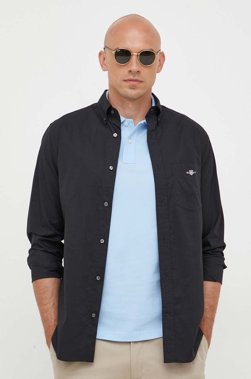 Gant Camasa Din Bumbac Barbati, Culoarea Negru, Cu Guler Button-down, Regular