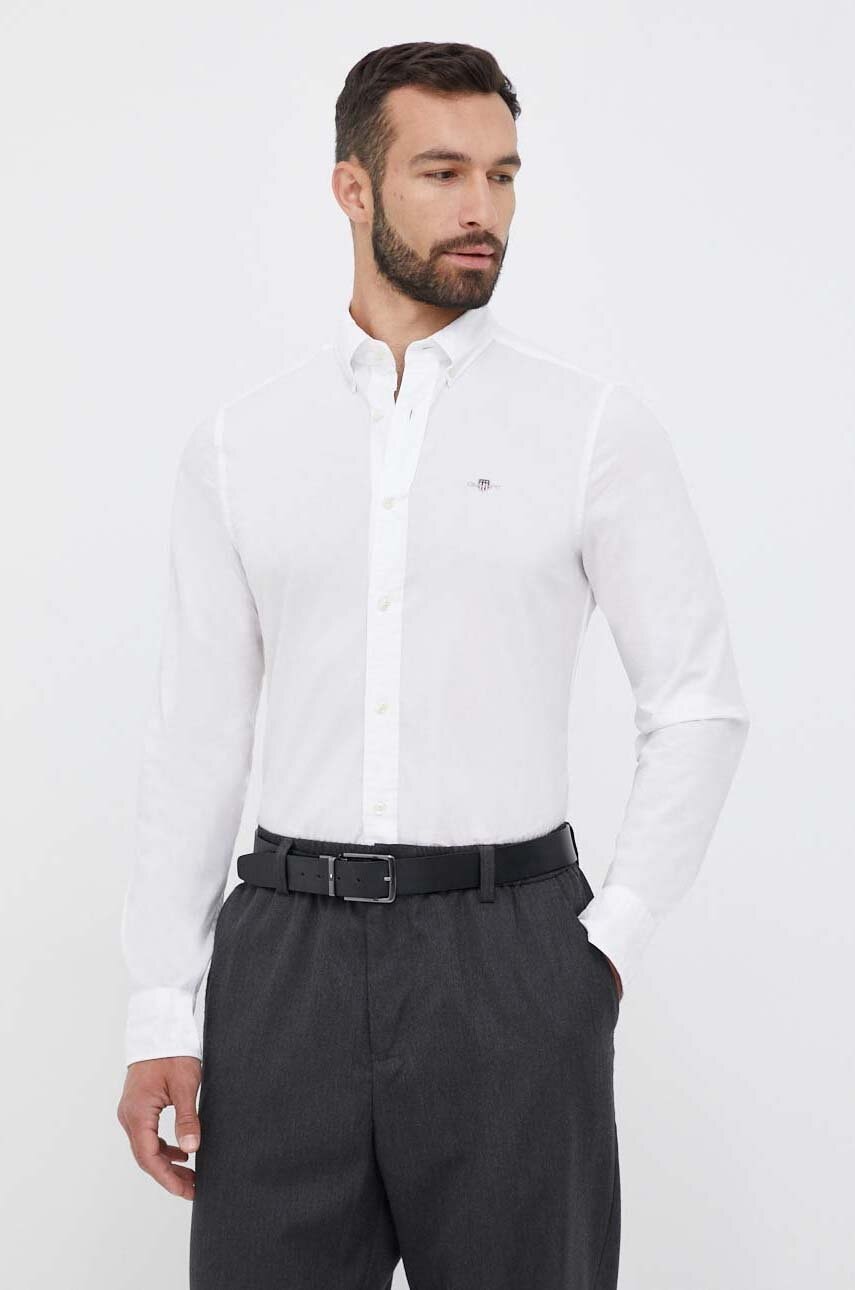 Gant Camasa Din Bumbac Barbati, Culoarea Alb, Cu Guler Button-down, Slim