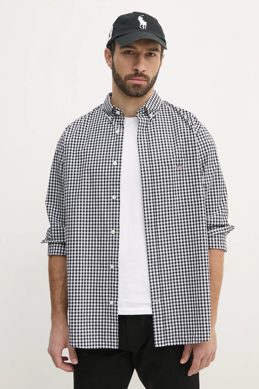 Gant camasa din bumbac barbati, culoarea negru, cu guler button-down, regular Gant camasa din bumbac barbati, culoarea negru, cu guler button-down, regular