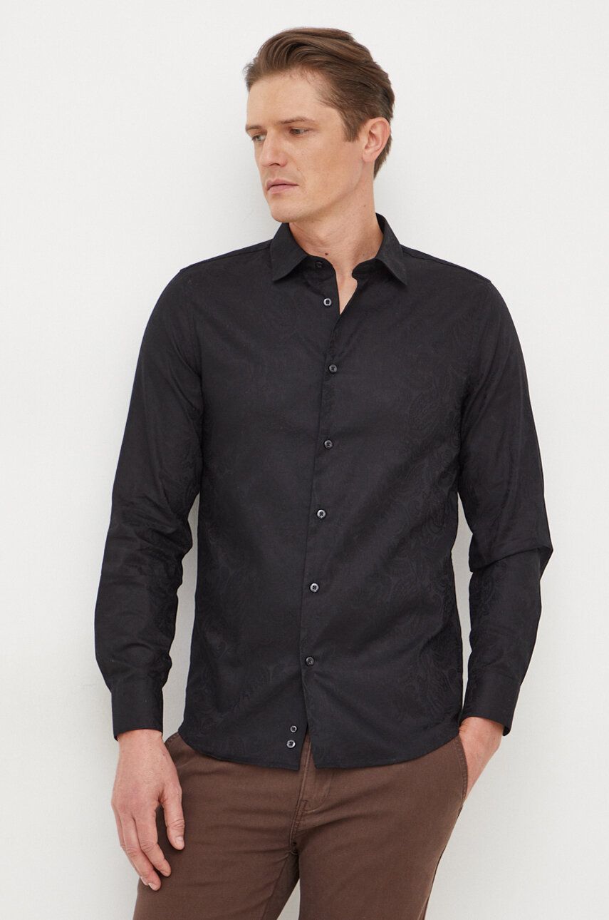 Košile United Colors of Benetton černá barva, regular, s klasickým límcem - černá - 100 % Bavlna
