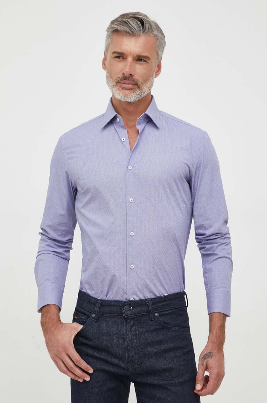Košile BOSS pánská, fialová barva, slim, s klasickým límcem - fialová - 98 % Bavlna