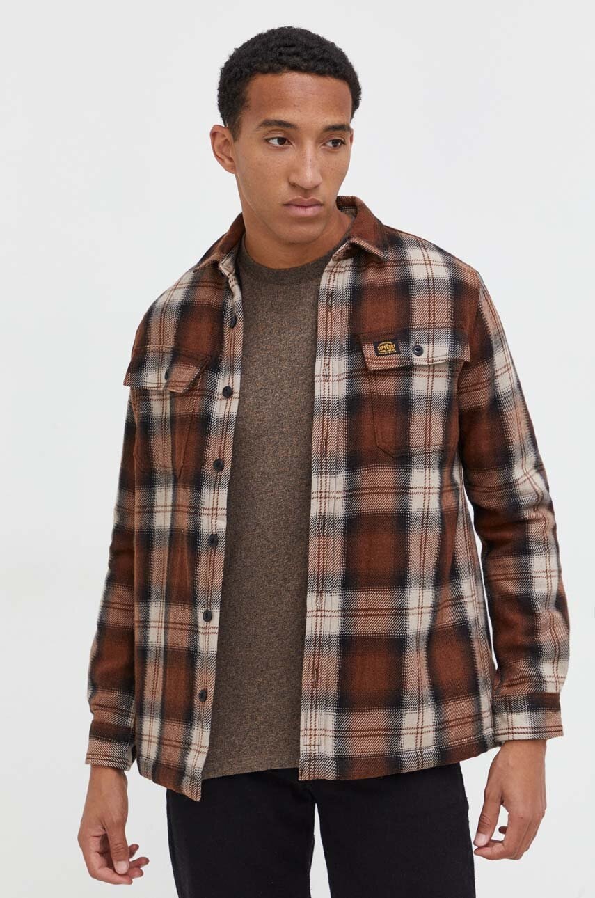 Levně Košilová bunda Superdry pánská, hnědá barva, přechodná