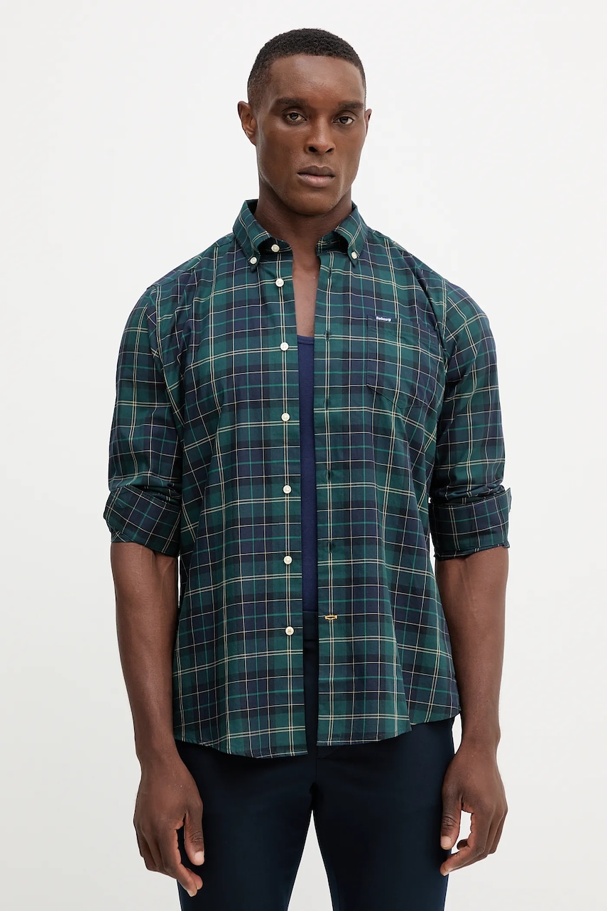 Levně Bavlněná košile Barbour pánská, hnědá barva, slim, s límečkem button-down