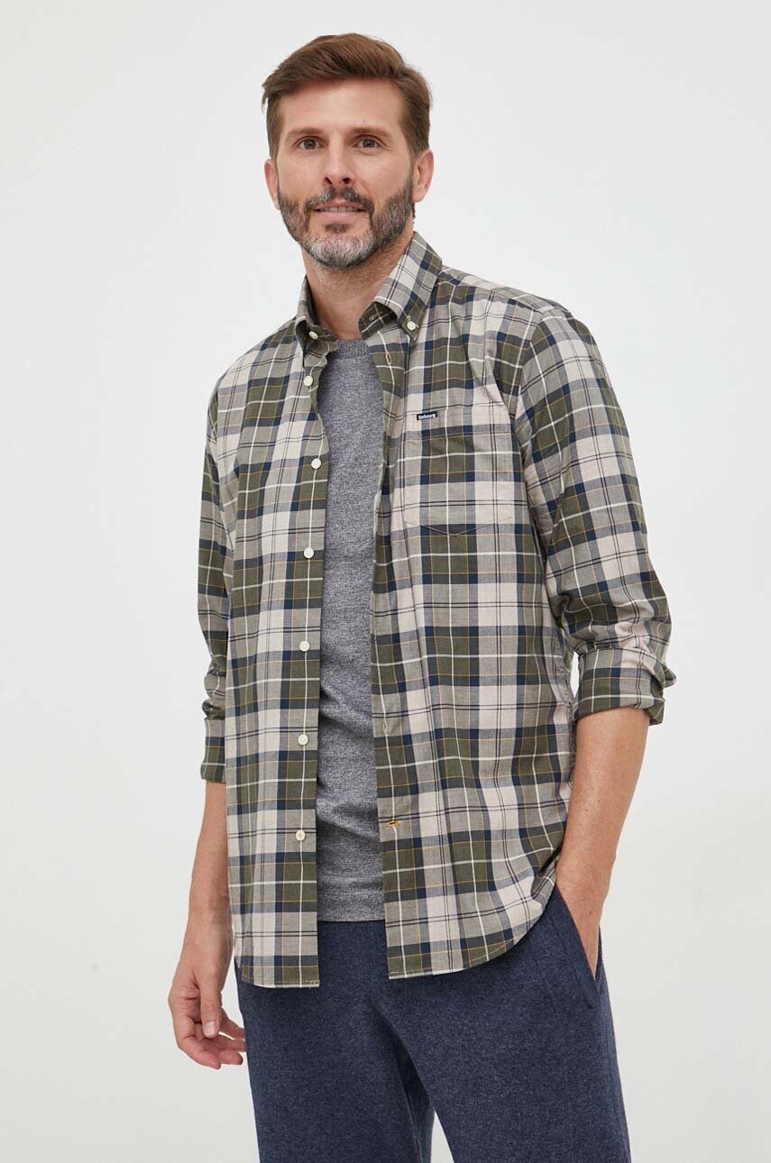 Barbour camasa din bumbac barbati, culoarea verde, cu guler button-down, slim
