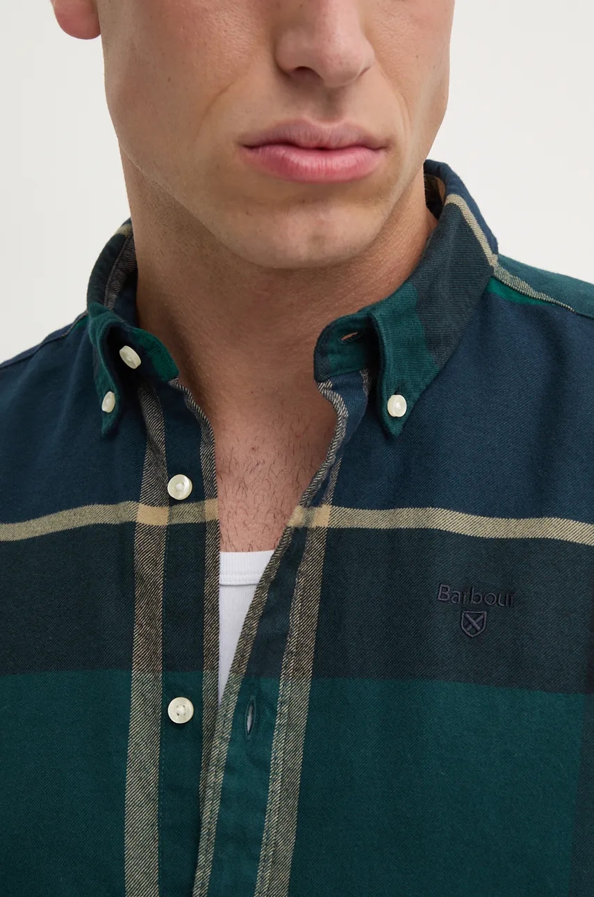 Хлопковая рубашка Barbour мужская цвет бежевый slim воротник button-down Хлопковая рубашка Barbour мужская цвет бежевый slim воротник button-down